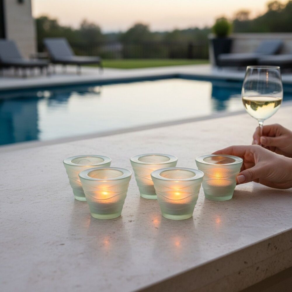Set of 6 Recycled Green Glass Votive Holders Mint Tealight Romantic Candle Decor